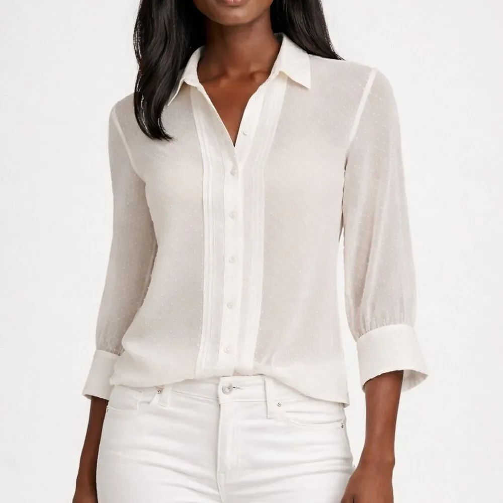 Banana Republic Quinn Pleat Front Cream Button-Down Sheer Blouse